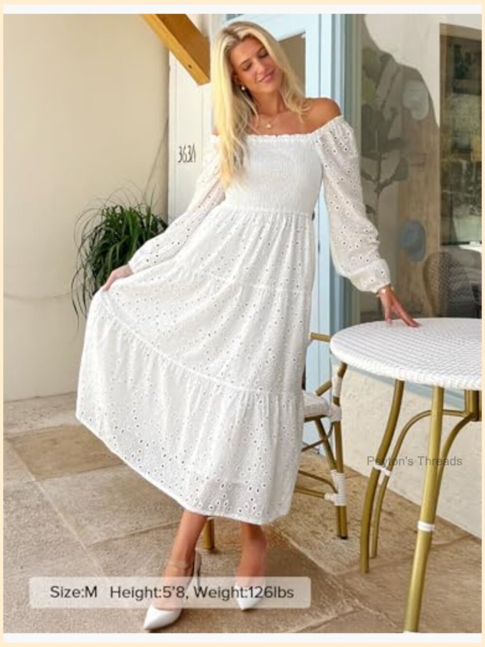 Square Neck Smocked A-Line Maxi Dress with Eyelet Detail - Picture 2 of 7